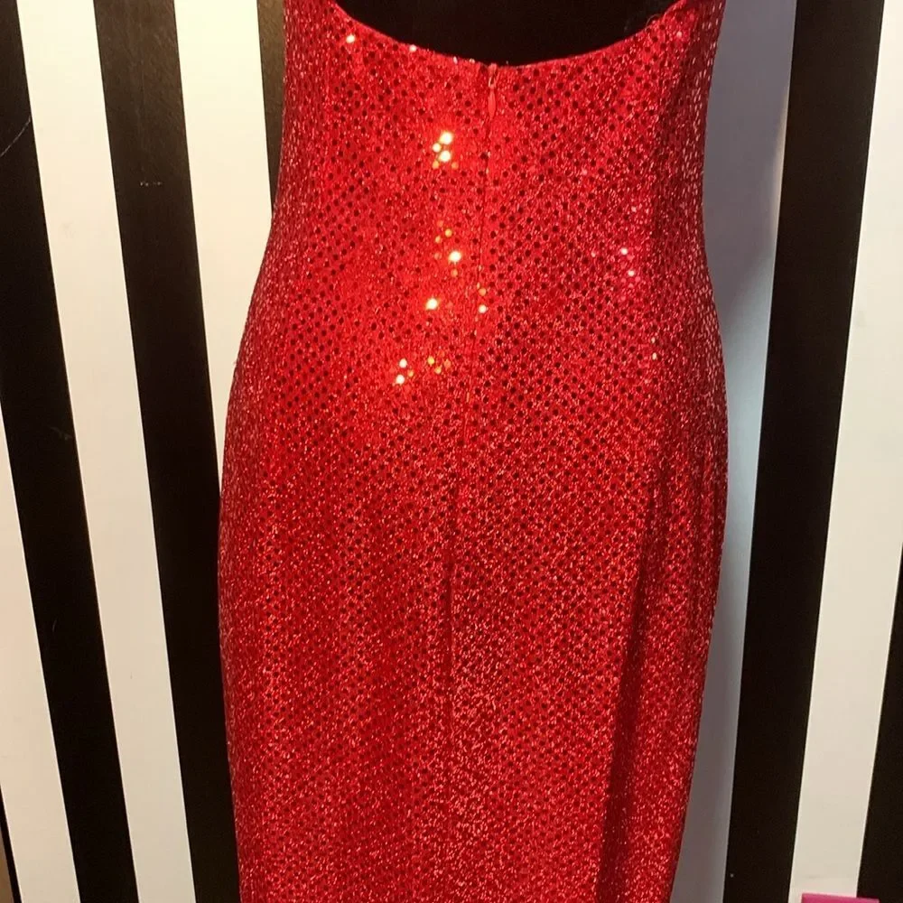 Sexy Retro Vintage 90s Red Sequin Floor Length Formal Gown Halter Neck Leg Slit - Picture 11 of 16